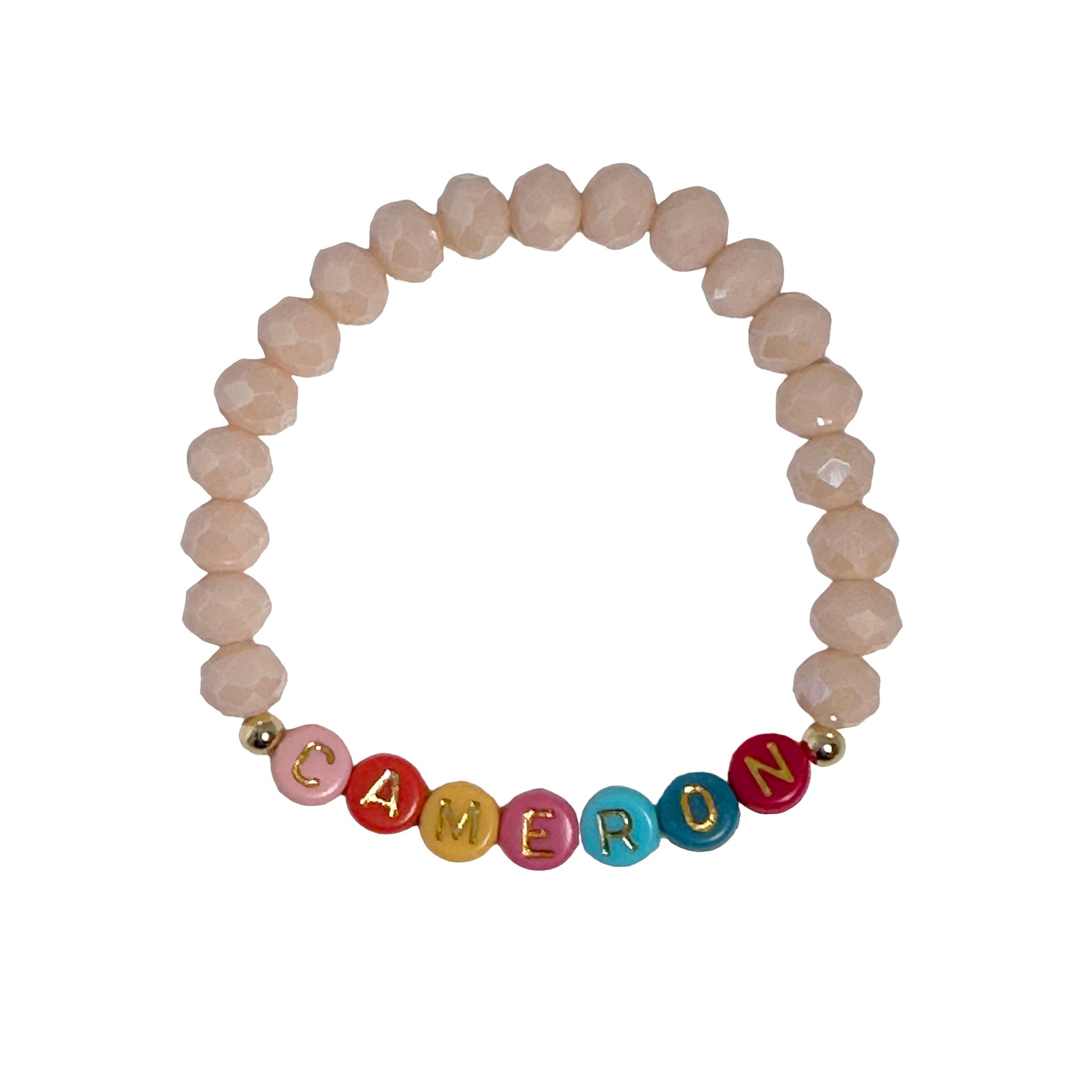 Personalized bracelet with colorful round beads and custom gold letter charms