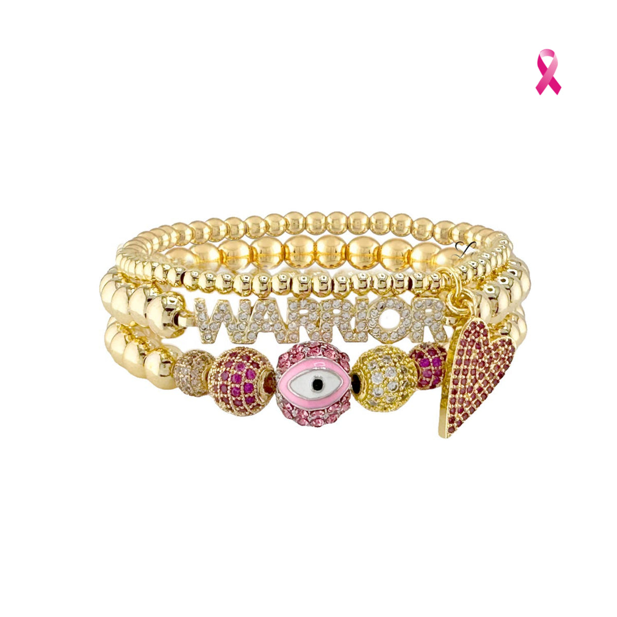 Love Lisa Meghan Breast Cancer Awareness WARRIOR Bracelet Stack with gold-tone beads, pink pavé evil eye bracelet, slanted heart bracelet, and WARRIOR detail