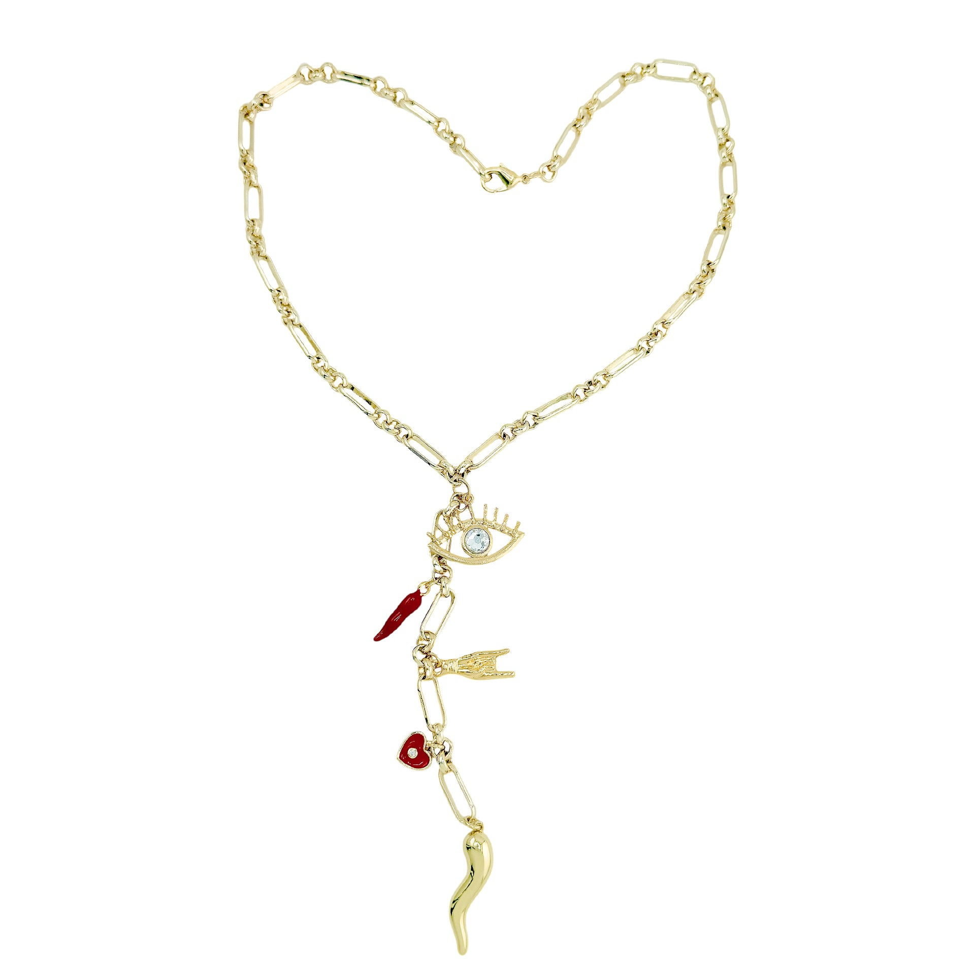 Italian protection charm necklace arranged in heart shape highlighting evil eye and horn charms