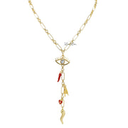 Love Lisa Italian charm Y necklace with evil eye centerpiece and cascading red horn protection charms