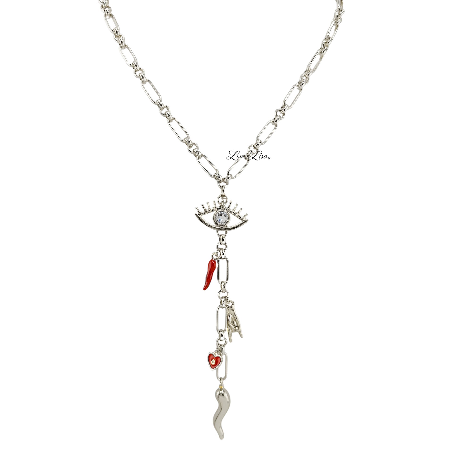 Love Lisa Italian charm Y necklace in silver with evil eye pendant and Italian horn charm drop