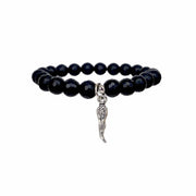 mens black gemstone beaded bracelet silver cornicello charm