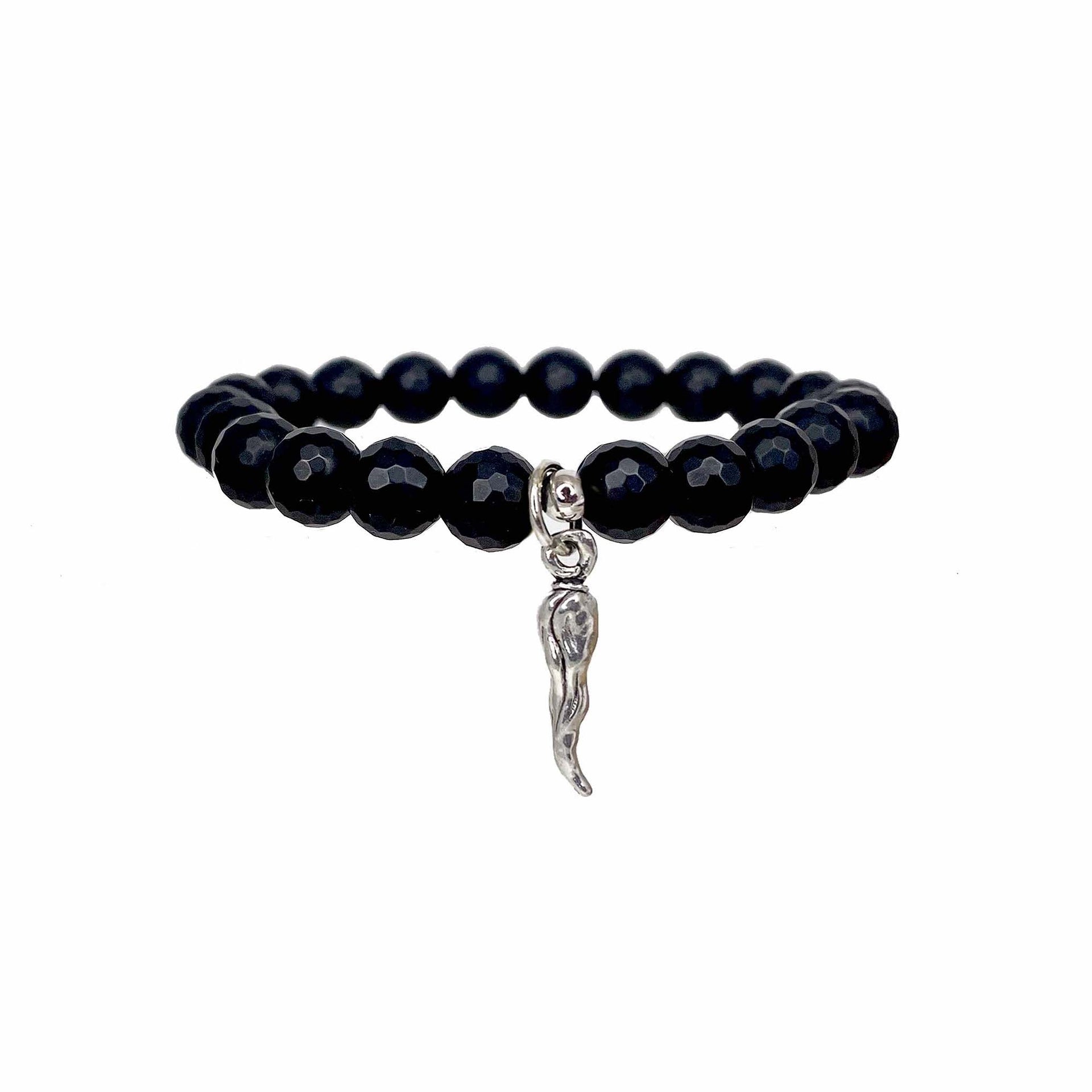 mens black gemstone beaded bracelet silver cornicello charm