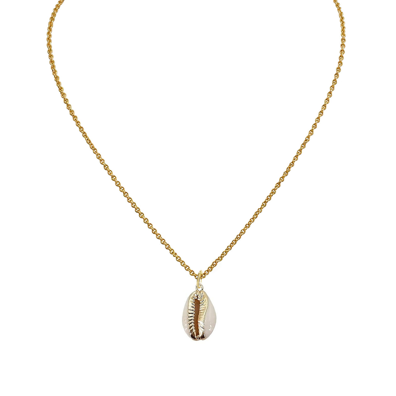 Love Lisa Mia Cowrie Shell Necklace in gold with natural white cowrie shell pendant and polished gold trim