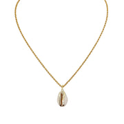 Love Lisa Mia Cowrie Shell Necklace in gold with natural white cowrie shell pendant and polished gold trim