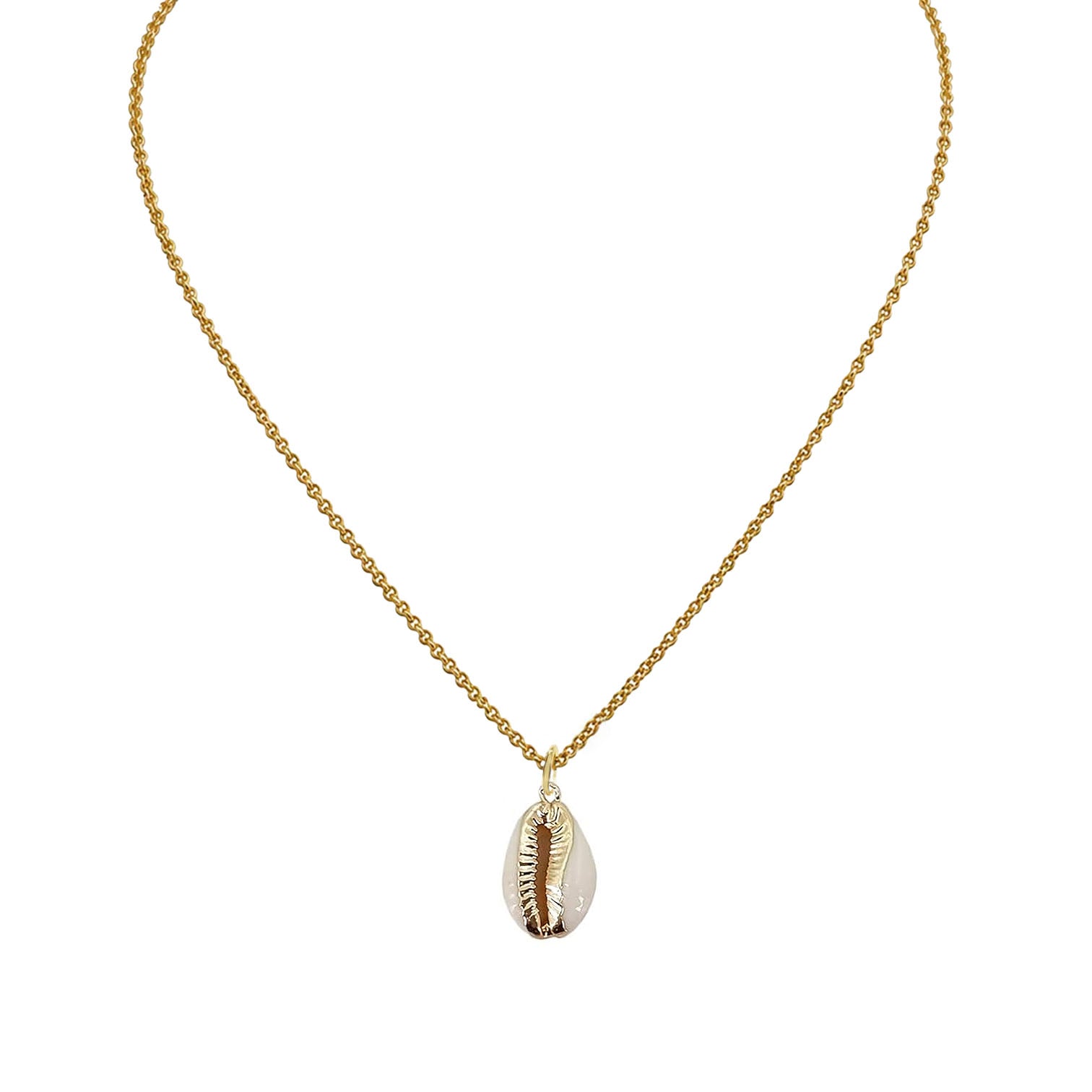 Love Lisa Mia Cowrie Shell Necklace in gold with natural white cowrie shell pendant and polished gold trim