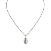 Mia Cowrie Shell Necklace in silver with natural white cowrie shell pendant and polished silver trim