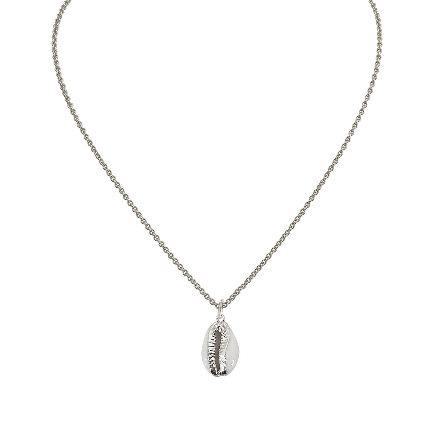 Mia Cowrie Shell Necklace in silver with natural white cowrie shell pendant and polished silver trim
