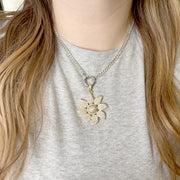 Love Lisa Mia Flower Charm gold pave floral pendant worn on clasp necklace lifestyle jewelry