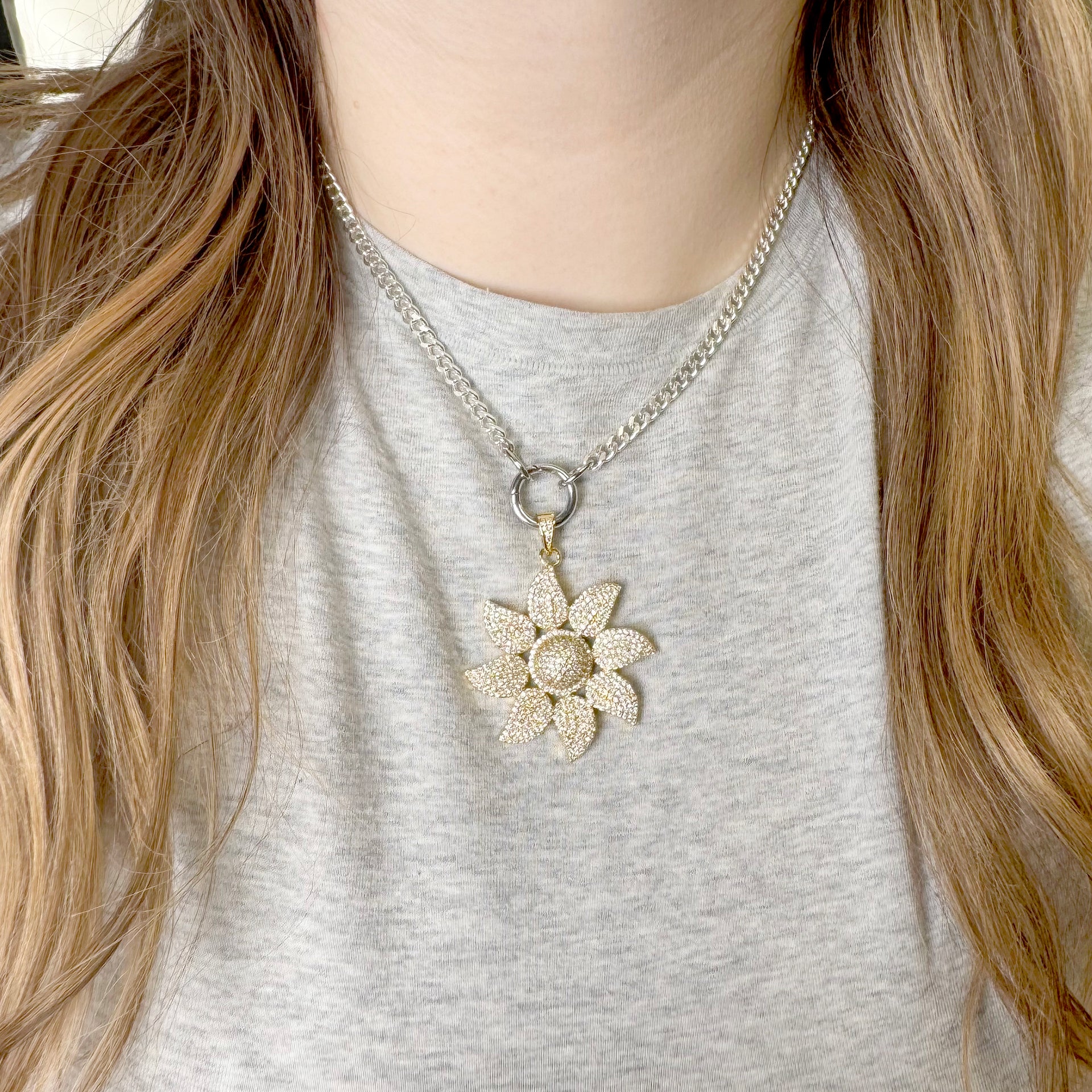 Love Lisa Mia Flower Charm gold pave floral pendant worn on clasp necklace lifestyle jewelry