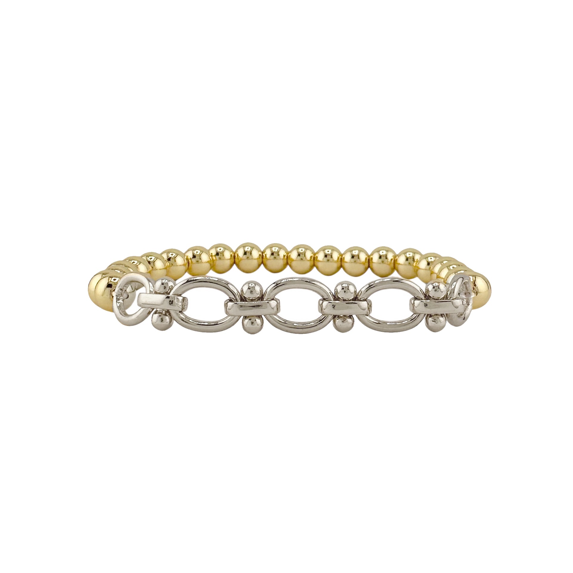Bracelet with gold beads and silver chain links on a white background
