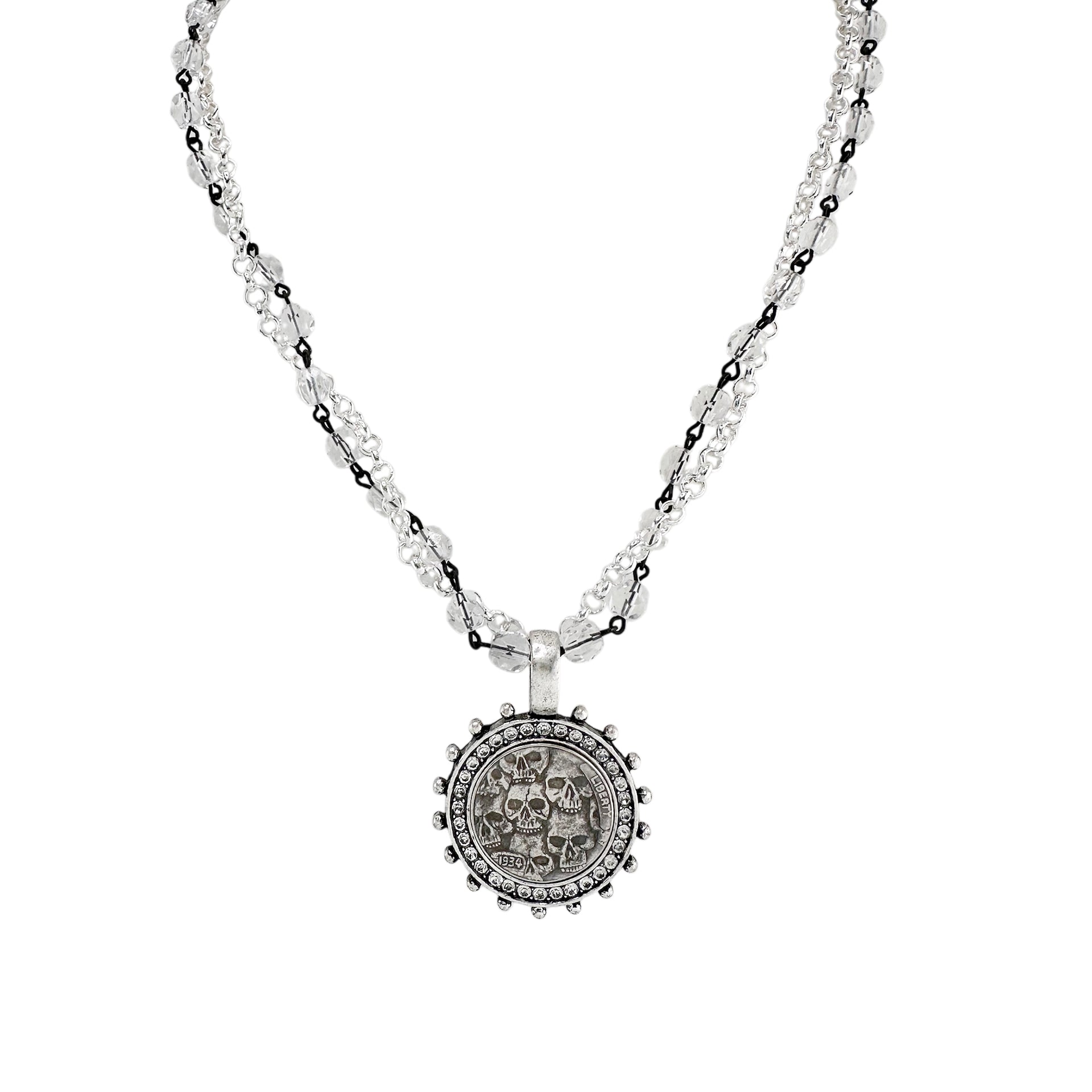 silver skull coin charm necklace with dual chain and crystal detailing