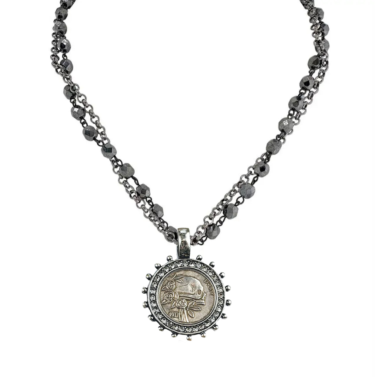 necklace-gunmetal-gold-flatlay	gunmetal and gold skull coin charm necklace with dual chain and crystal detailing