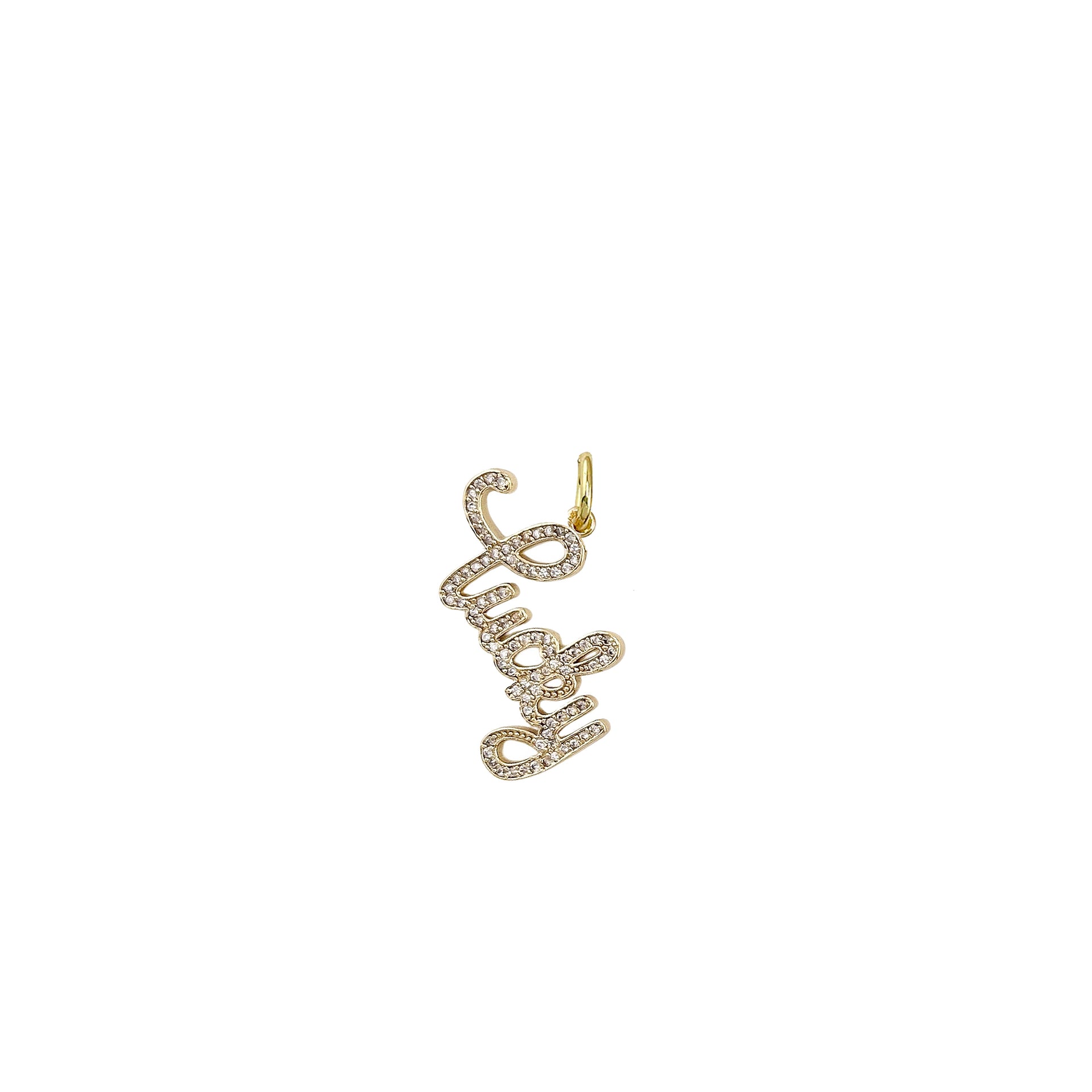 A collection of five gold-tone charms with pavé stones forming the words 'Loved', 'Strong', 'XOXO', 'Good Vibes', and 'Lucky'.