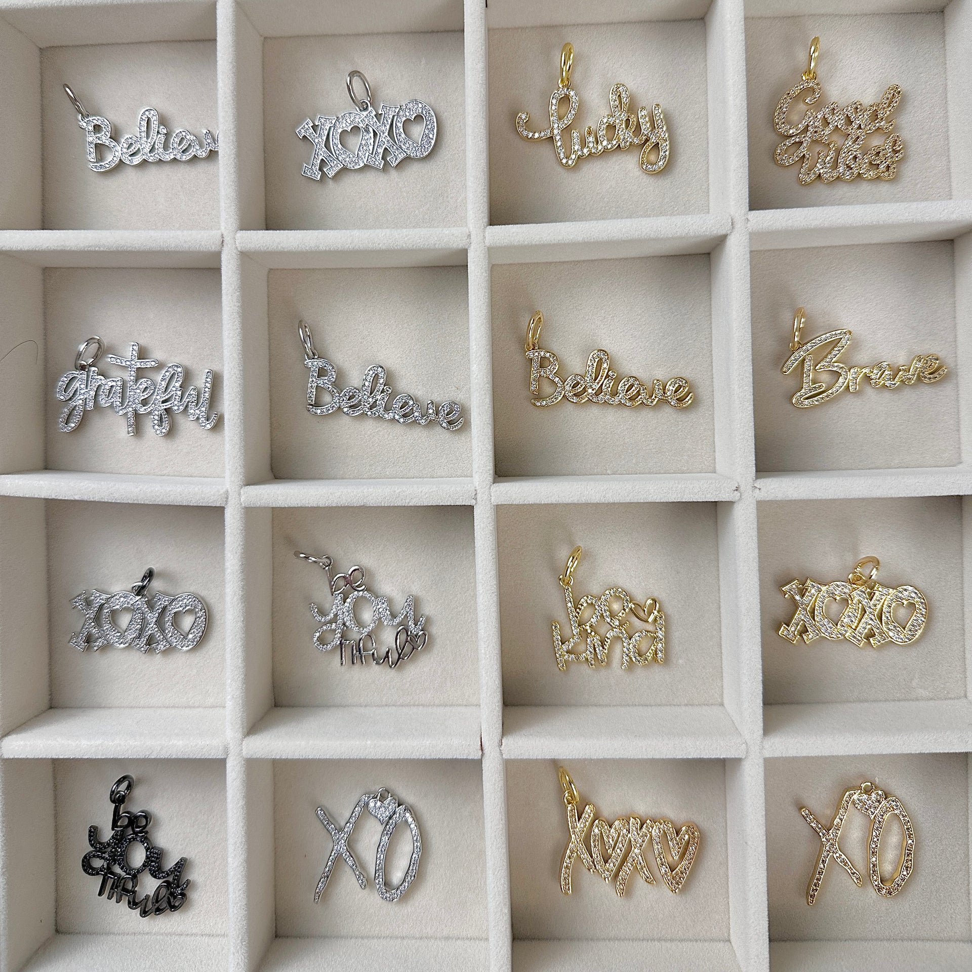 Love Lisa Milania Empowered Words Pave Charms silver word charms display