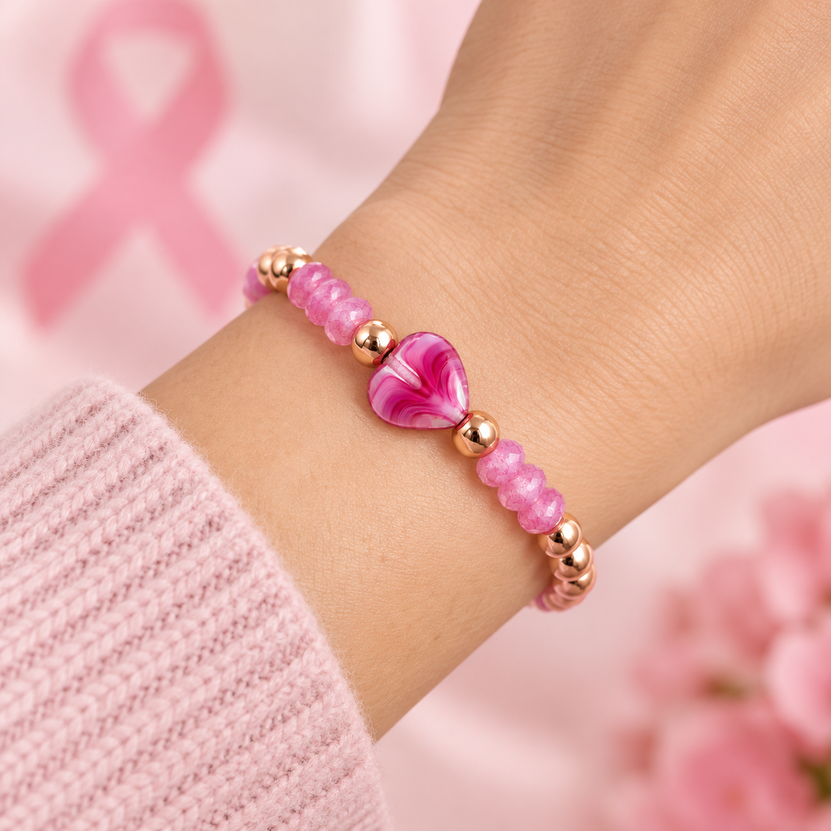 Love Lisa Mini Worry Stone Breast Cancer Awareness Bracelet worn on wrist with Raspberry Sheer crystals, rose-gold tone beads, and heart worry stone