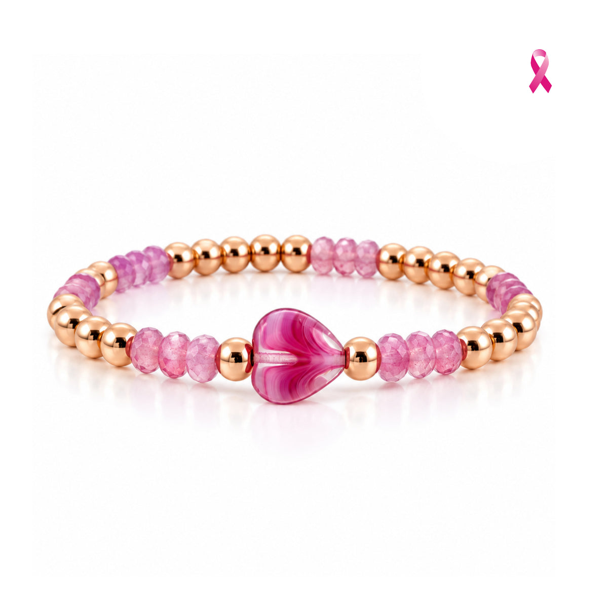Love Lisa Mini Worry Stone Harper Luxe Breast Cancer Awareness Bracelet with Raspberry Sheer crystal beads, rose-gold tone beads, and mini heart worry stone