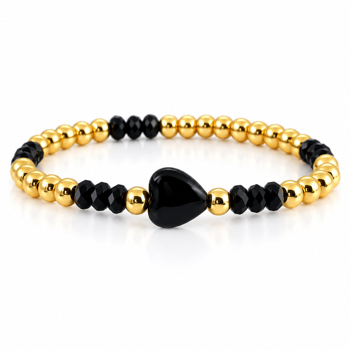 Mini Worry Stone Harper Luxe Crystal Rhythm Bracelet in Black/Gold with black crystal beads, polished gold beads, and black mini heart worry stone