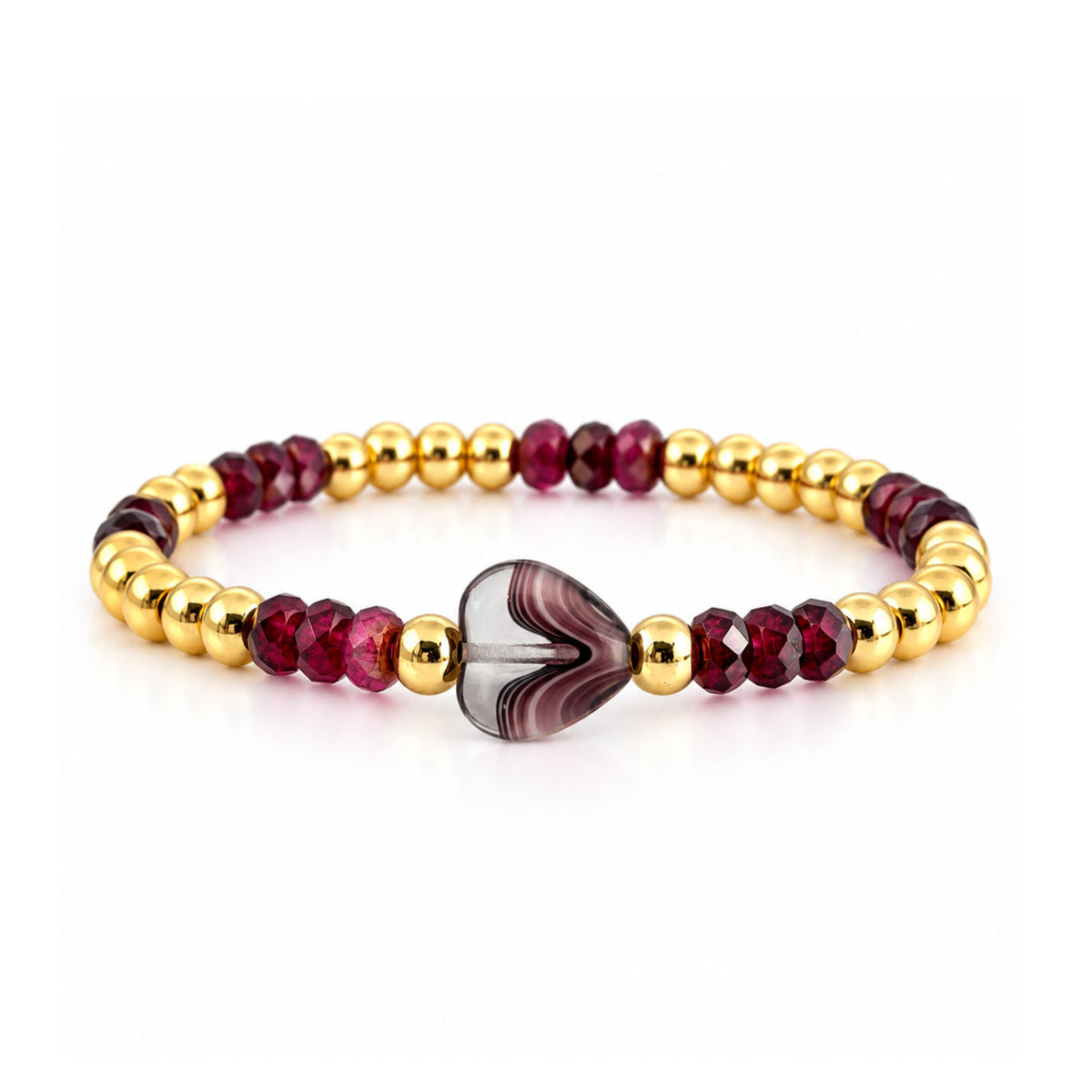 Love Lisa Mini Worry Stone Harper Luxe Crystal Rhythm Bracelet in Burgundy with burgundy faceted crystal beads, polished gold beads, and striped mini heart worry stone