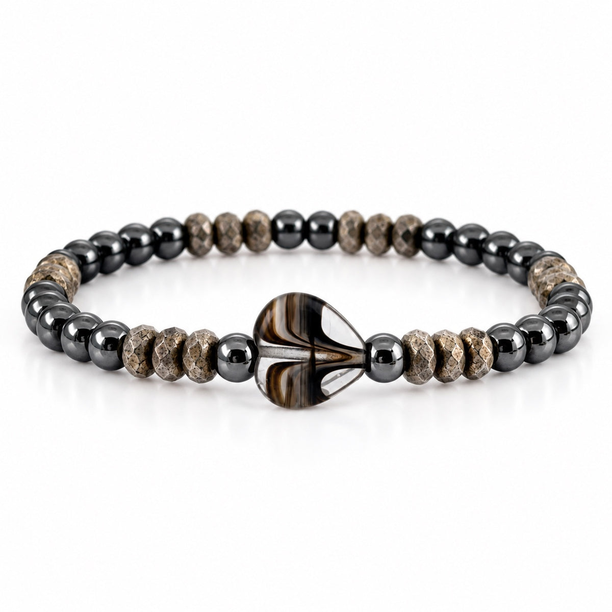 Mini Worry Stone Harper Luxe Crystal Rhythm Bracelet in Chrome with gray crystal beads, polished gunmetal beads, and dark mini heart worry stone