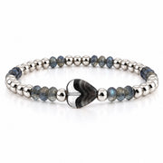 Mini Worry Stone Harper Luxe Crystal Rhythm Bracelet in Dim Gray with dark gray crystal beads, polished metal beads, and dark mini heart worry stone