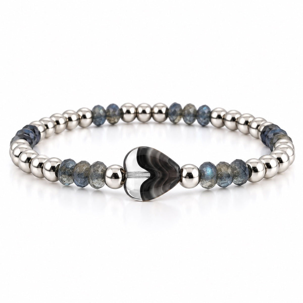 Mini Worry Stone Harper Luxe Crystal Rhythm Bracelet in Dim Gray with dark gray crystal beads, polished metal beads, and dark mini heart worry stone
