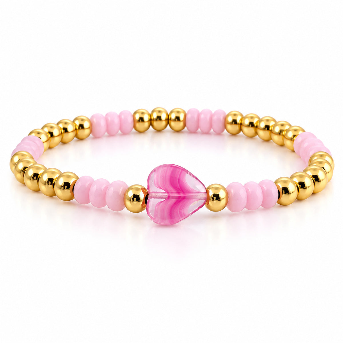 Mini Worry Stone Harper Luxe Crystal Rhythm Bracelet in Misty Rose with soft pink crystal beads, polished gold beads, and pink mini heart worry stone