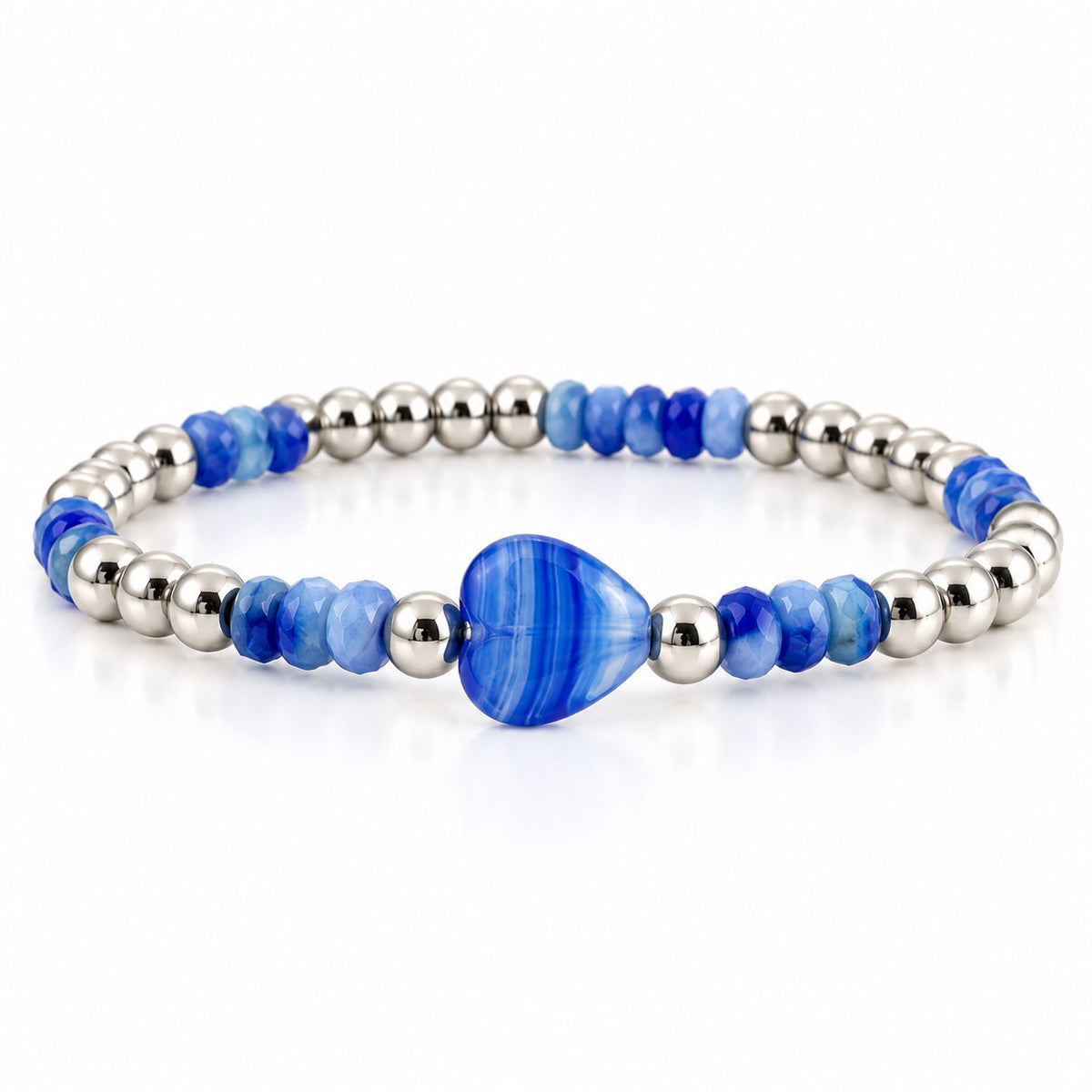 Mini Worry Stone Harper Luxe Crystal Rhythm Bracelet in Mykonos Blue with blue crystal beads, polished silver beads, and blue mini heart worry stone