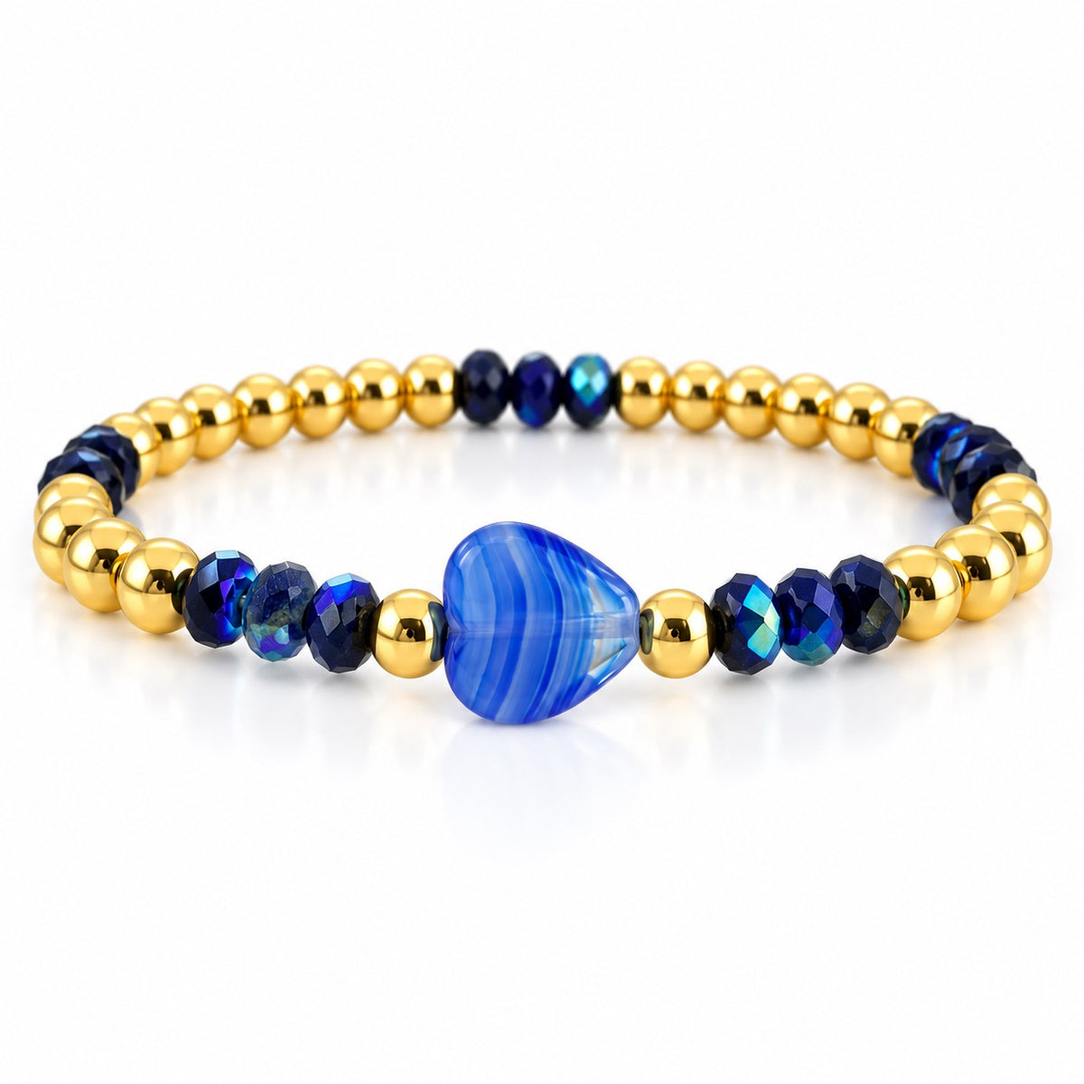 Mini Worry Stone Harper Luxe Crystal Rhythm Bracelet in Navy Glow with blue crystal beads, polished gold beads, and blue mini heart worry stone