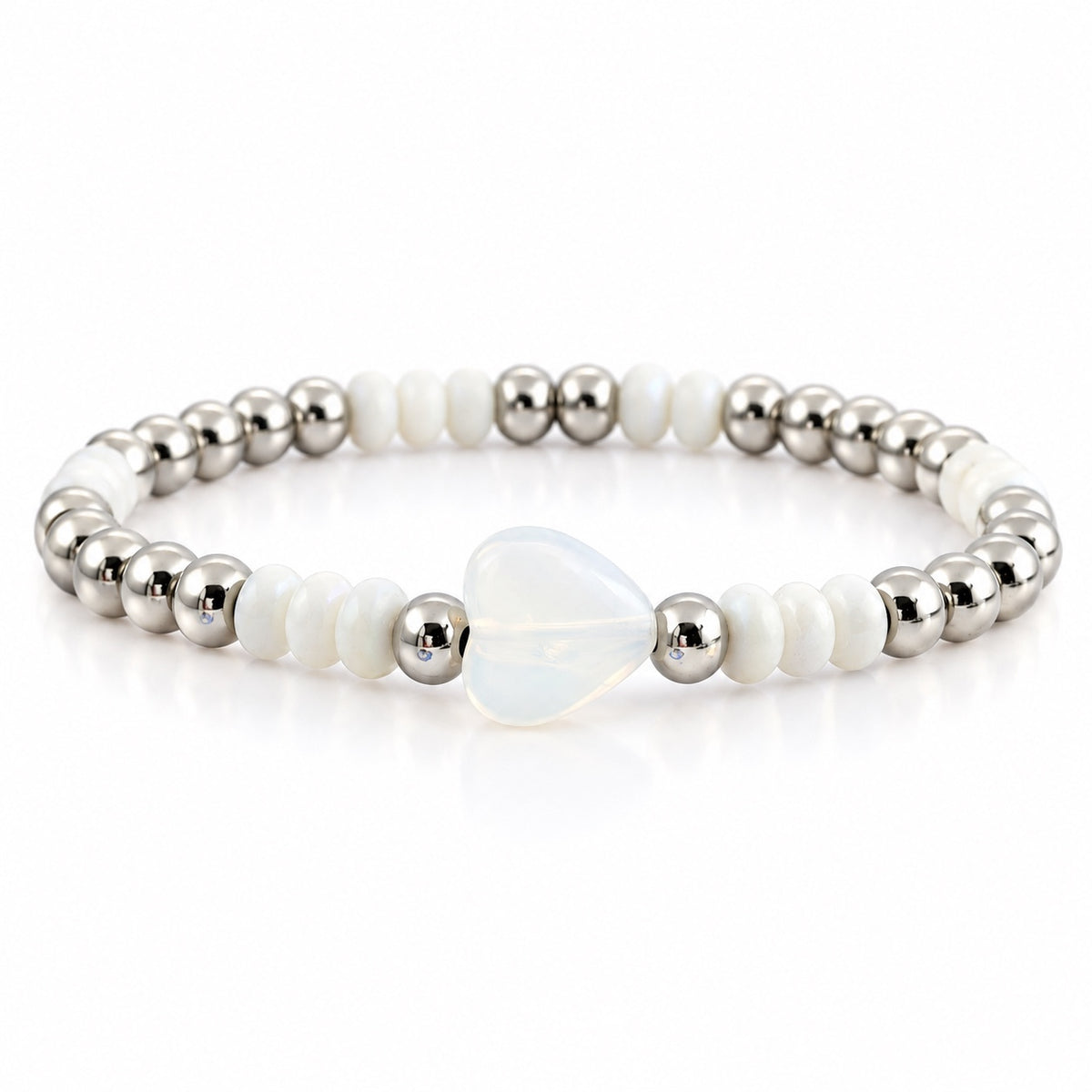 Mini Worry Stone Harper Luxe Crystal Rhythm Bracelet in Opal/Silver with white opal beads, polished silver beads, and white mini heart worry stone
