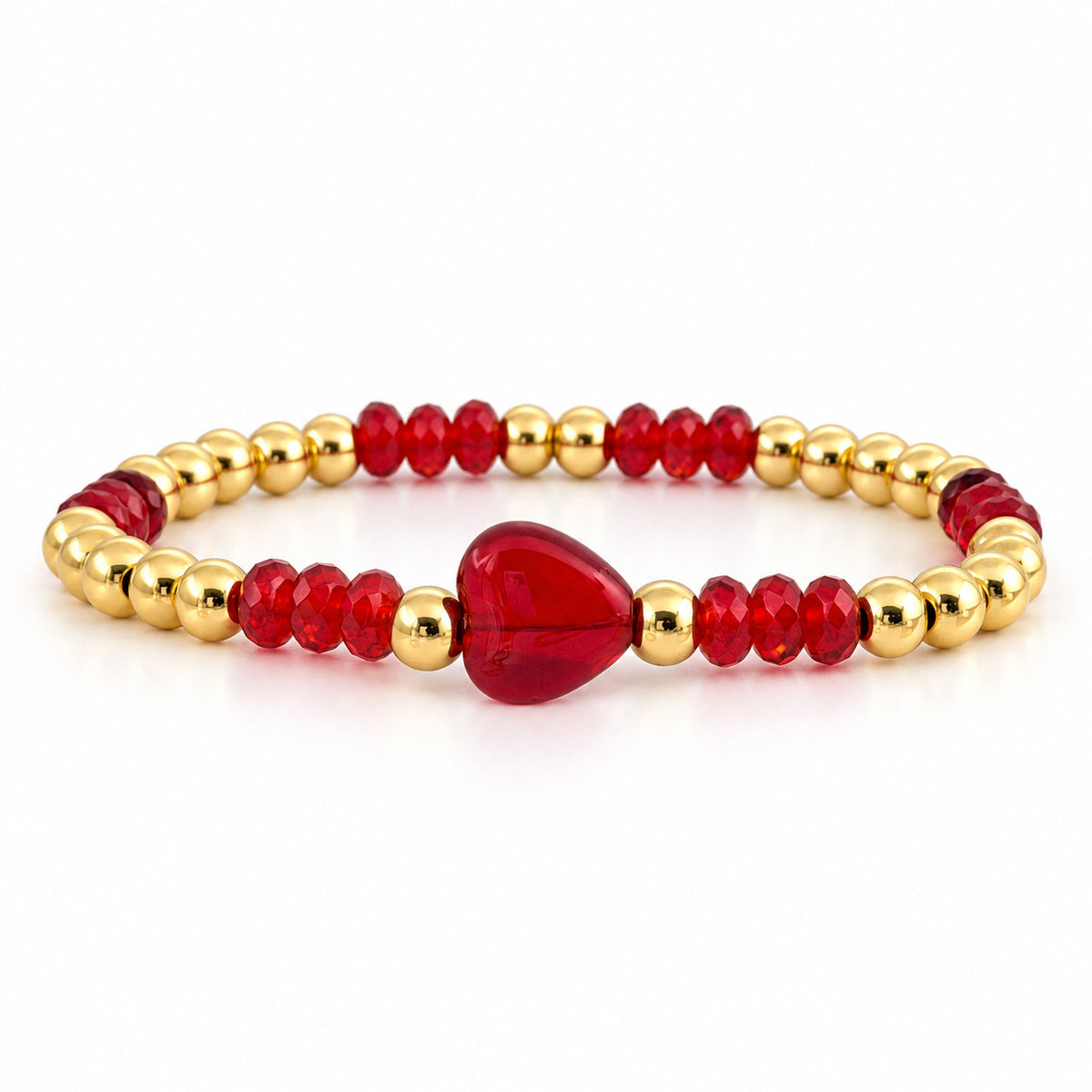 Mini Worry Stone Harper Luxe Crystal Rhythm Bracelet in Red with red crystal beads, polished gold beads, and red mini heart worry stone