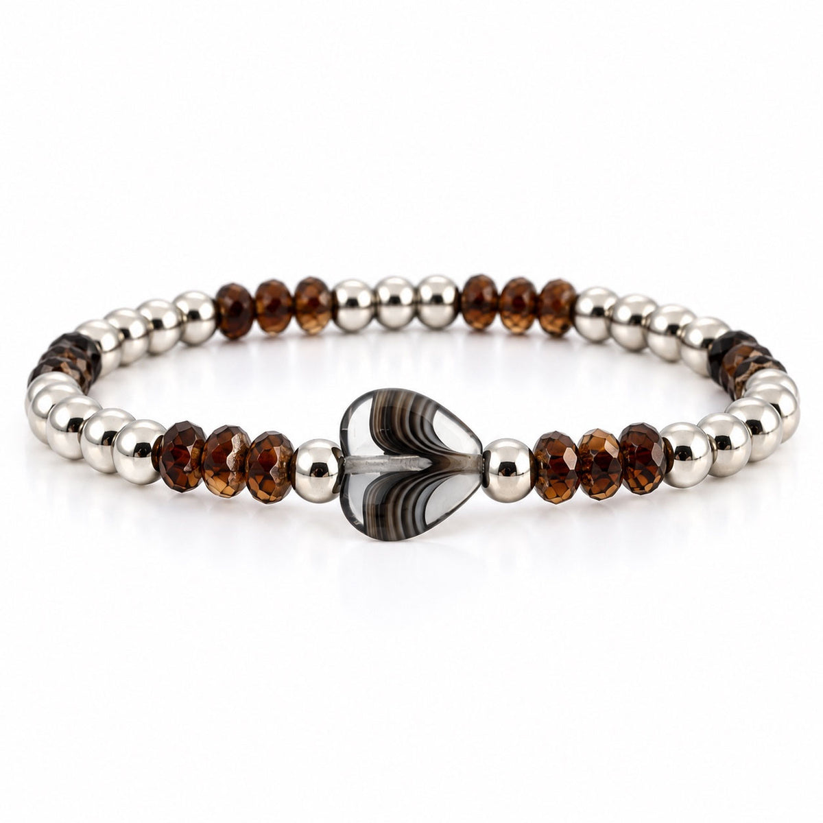 Mini Worry Stone Harper Luxe Crystal Rhythm Bracelet in Root Beer with brown crystal beads, polished silver beads, and gray mini heart worry stone