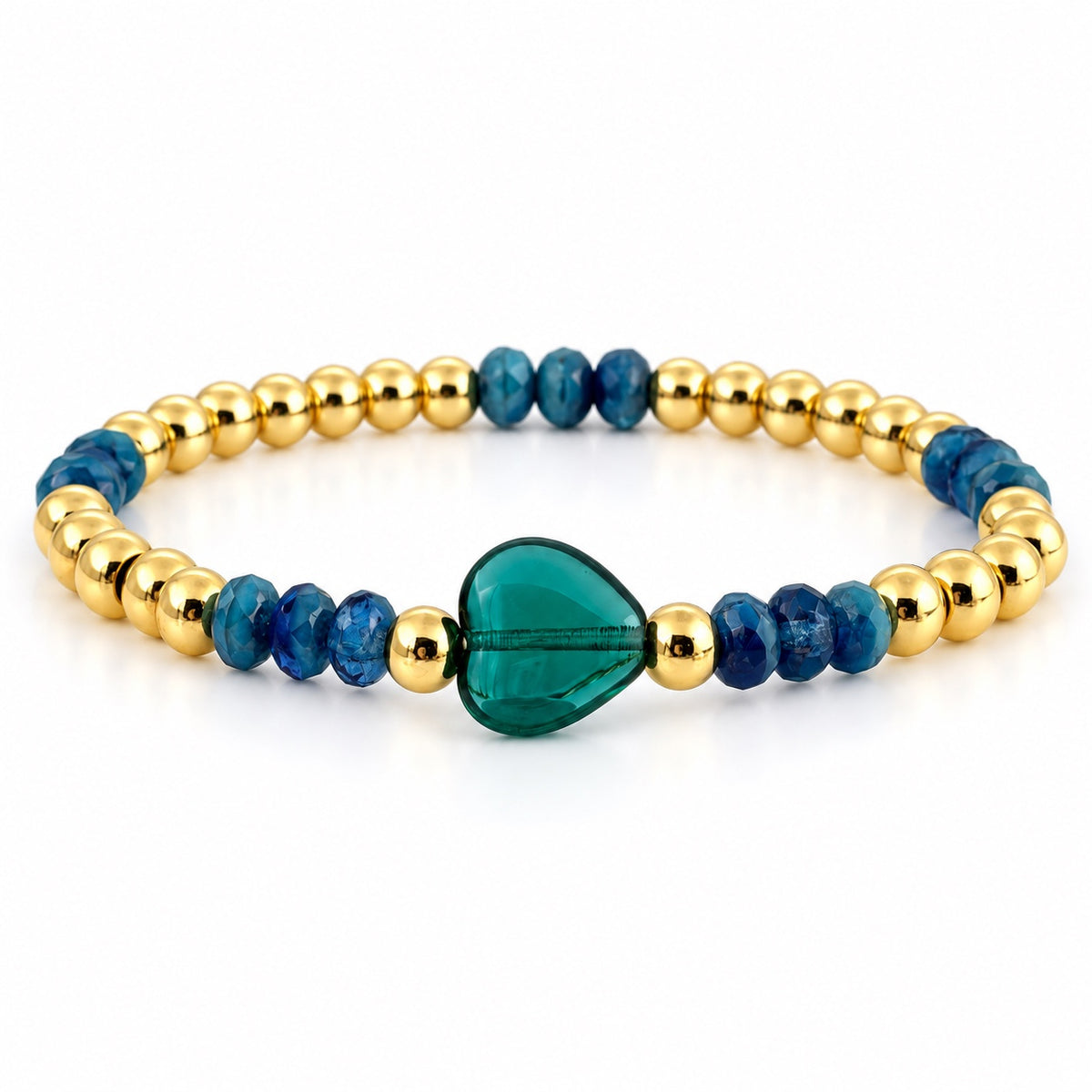 Mini Worry Stone Harper Luxe Crystal Rhythm Bracelet in Teal with teal crystal beads, polished gold beads, and teal mini heart worry stone