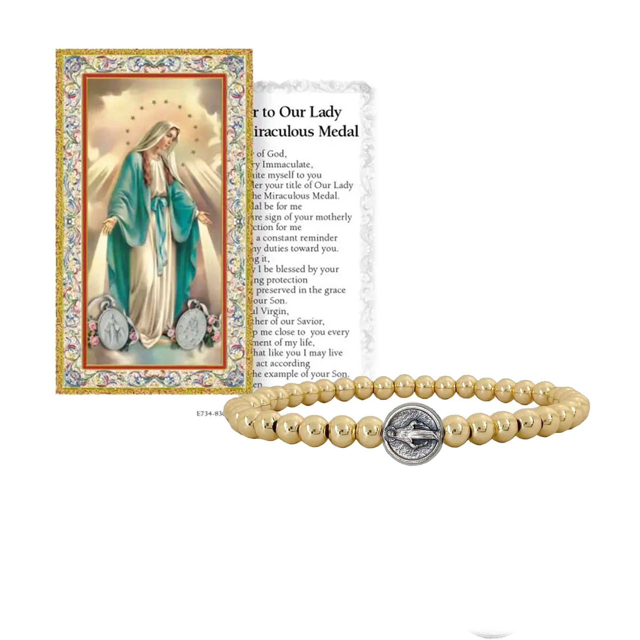 Love Lisa miraculous medal beaded bracelet gold 5mm stretch catholic jewelry with prayer card