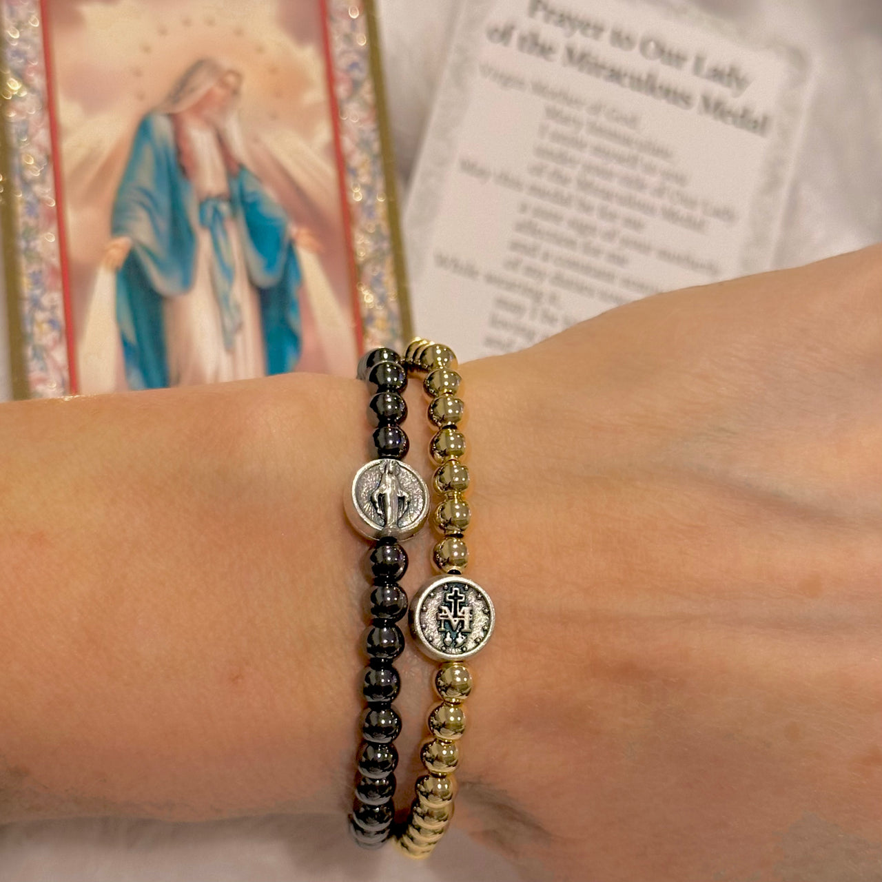 Love Lisa miraculous medal bracelets layered stack gold silver gunmetal beaded stretch catholic jewelry