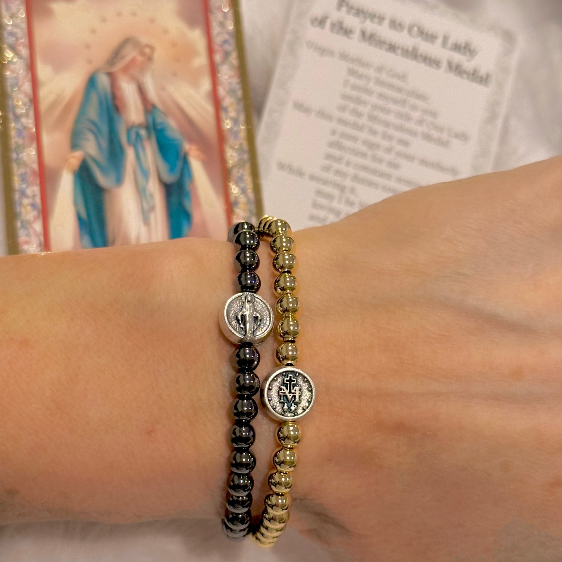 Love Lisa miraculous medal bracelets layered stack gold silver gunmetal beaded stretch catholic jewelry