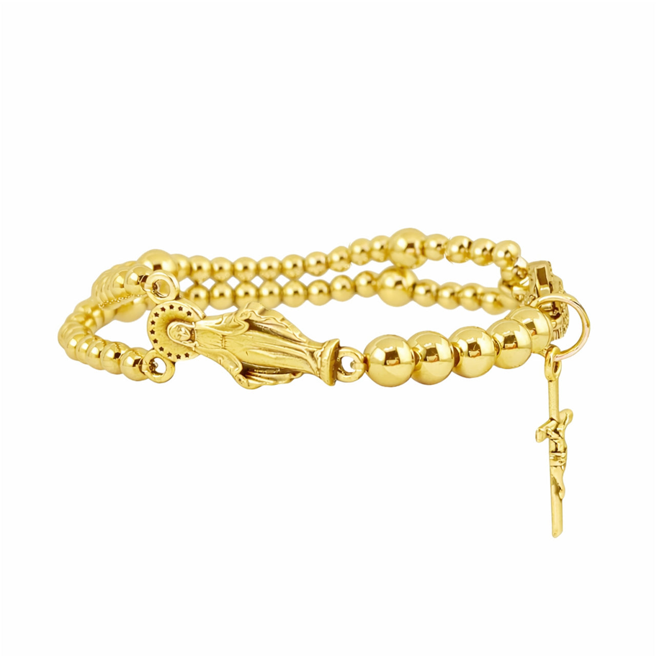 Miraculous Rosary stretch beaded bracelet bracelet with Miraculous Medal and cross charm in gold
