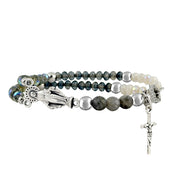 Miraculous Rosary stretch bracelet featuring grey Czech rondelle beads with silver medal and cross charm
