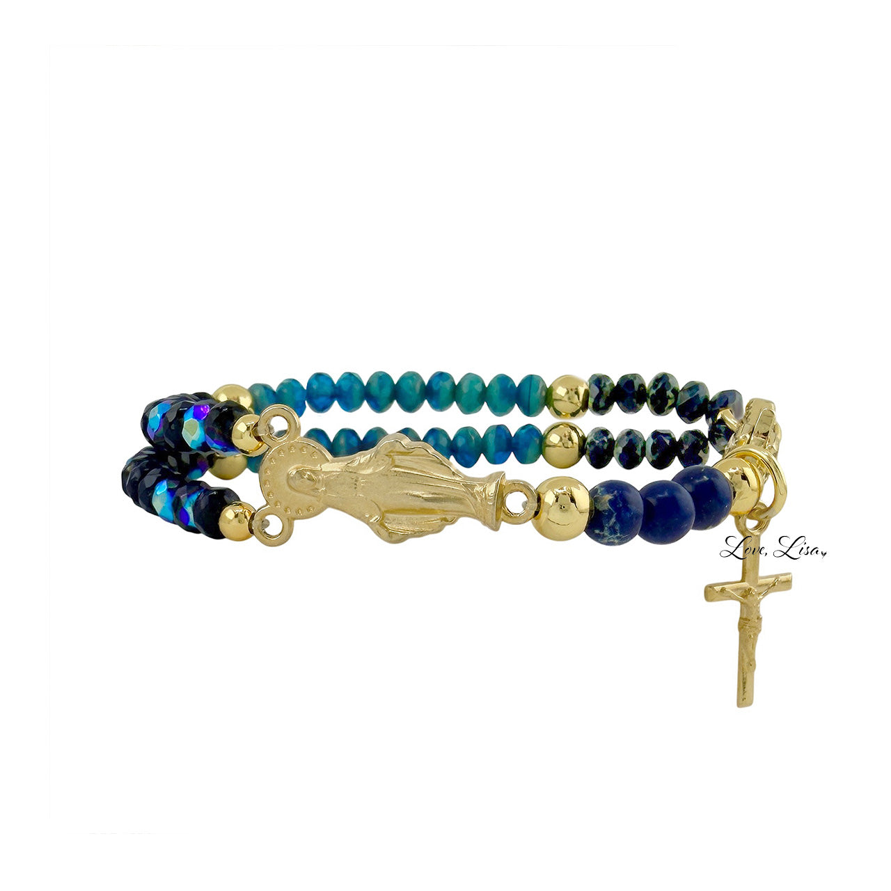 Catholic rosary inspired stretch bracelet featuring czech rondelle navy beads with Miraculous Medal charm and brass bead accents
