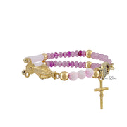 Miraculous Rosary stretch bracelet featuring pink Czech rondelle beads and cross charm