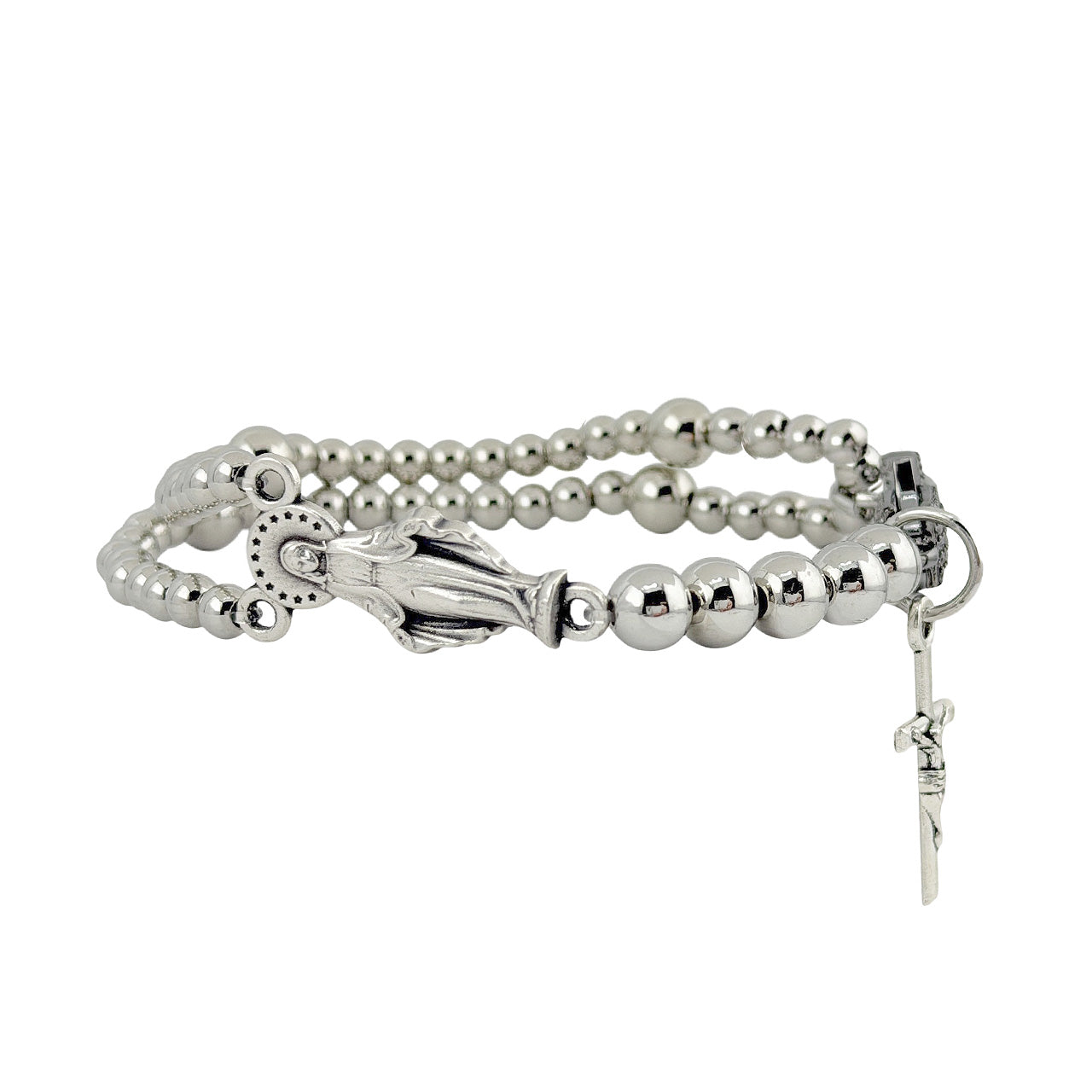 Miraculous Rosary silver stretch bracelet with Miraculous Medal and cross charm
