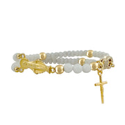 Miraculous Rosary stretch bracelet featuring white Czech rondelle beads and gold cross charm
