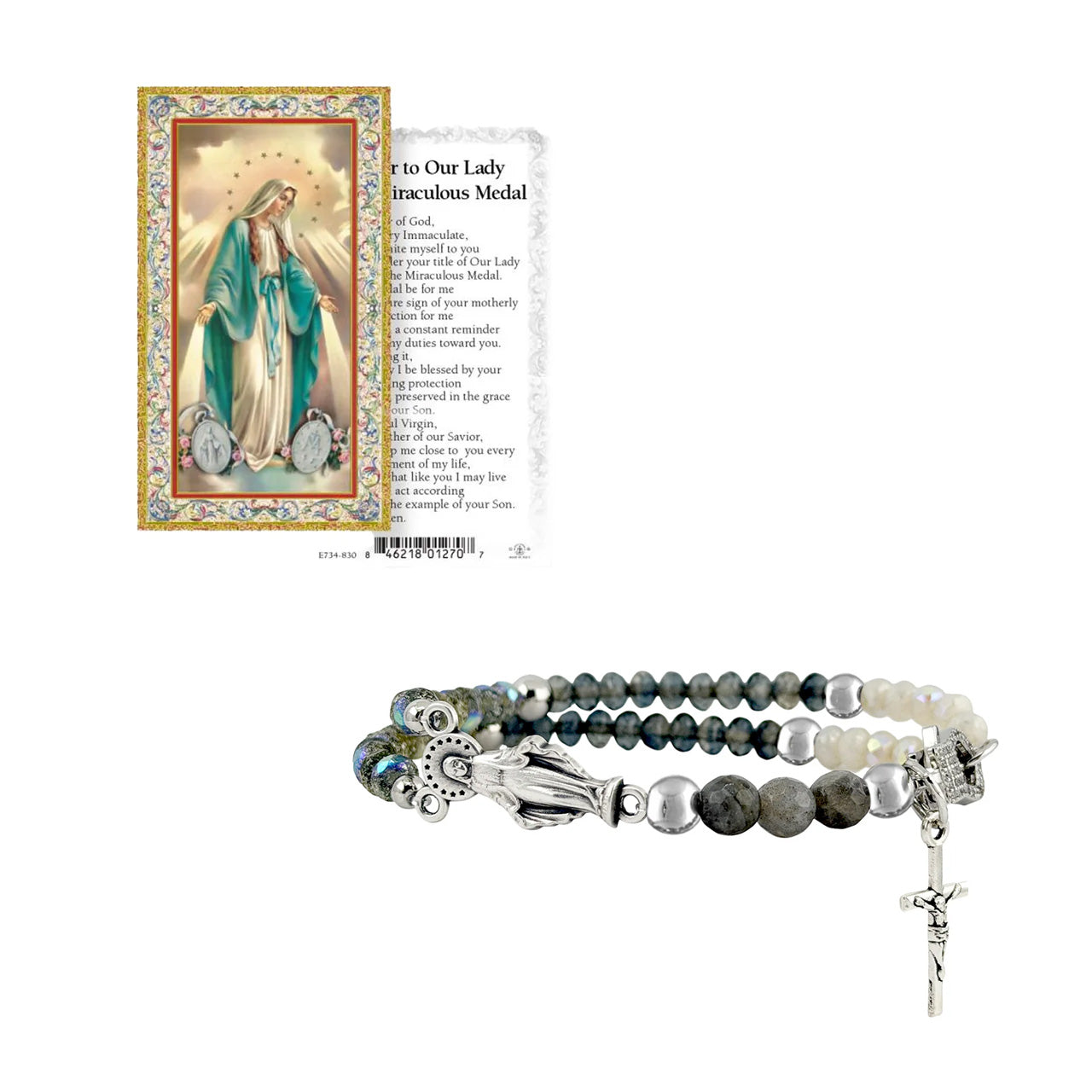 Catholic rosary inspired stretch bracelet featuring czech rondelle gray beads with Miraculous Medal charm and brass bead accents
