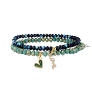 Love Lisa Miranda Heart Love ankle bracelet set blue beaded stretch anklets with pavé script Love charm and green heart charm