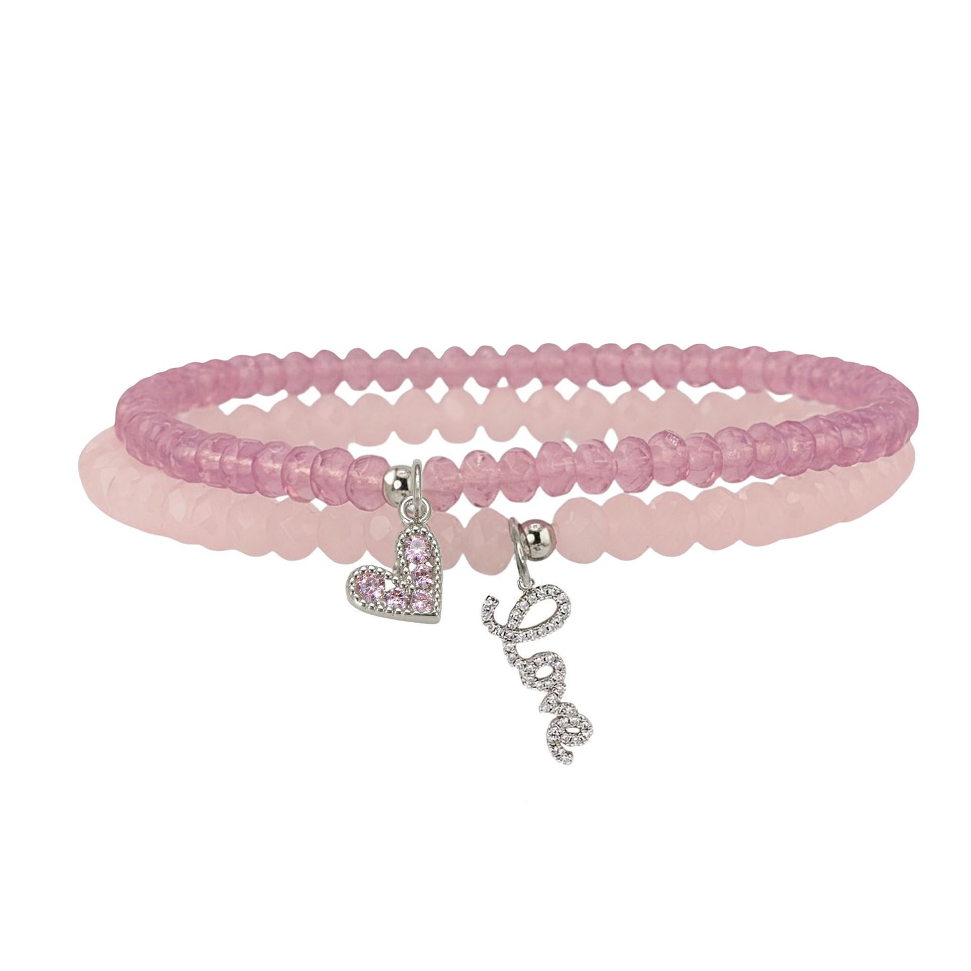 Miranda Heart Love ankle bracelet set pink beaded stretch anklets with heart charm detail and script pave love charm