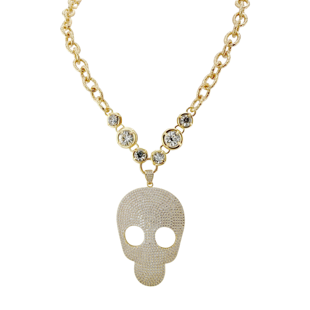 Love Lisa miranda pave skull statement necklace gold crystal pave skull pendant with faceted crystal station chain 17 inch statement necklace