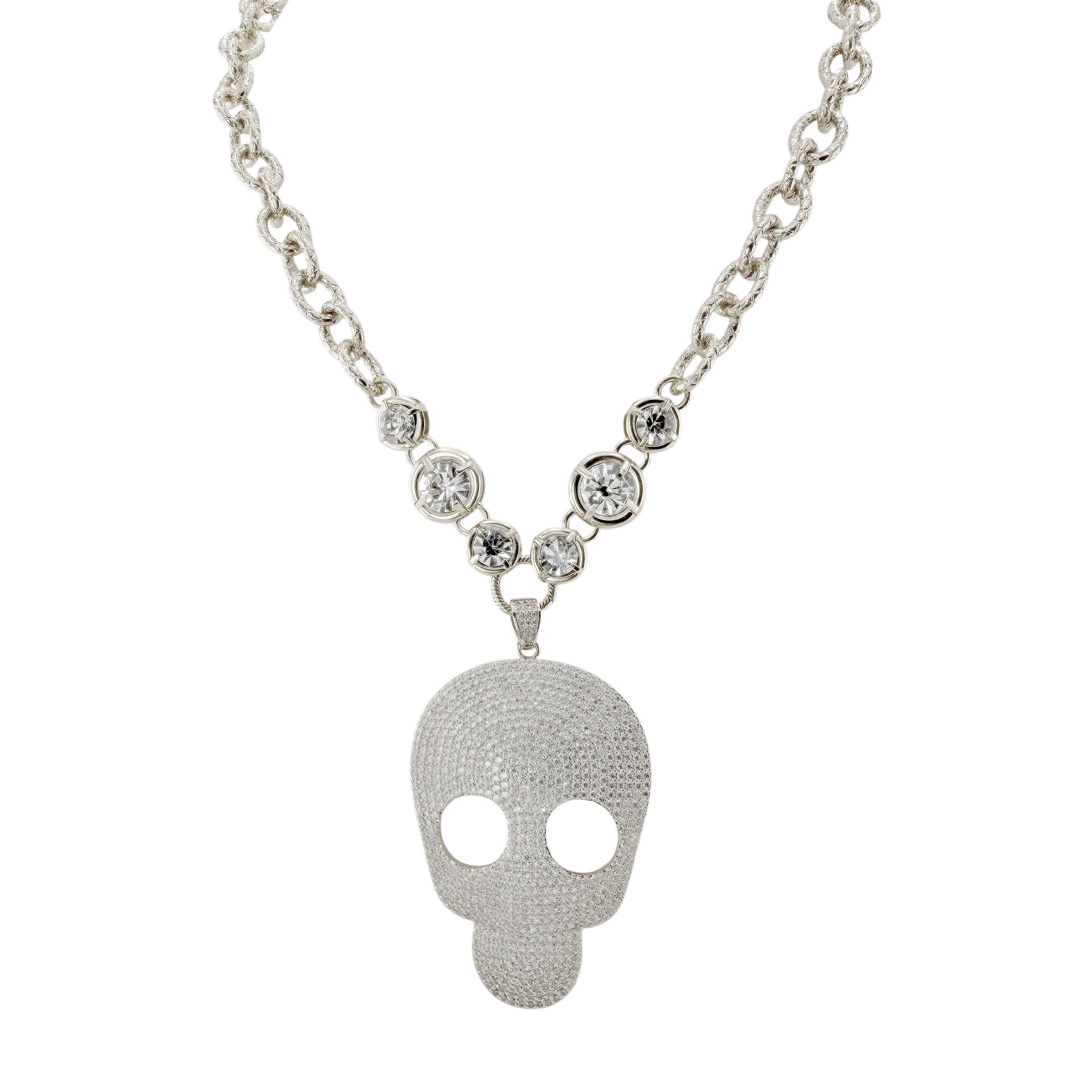 miranda pave skull statement necklace silver crystal pave skull pendant on faceted crystal station chain 17 inch necklace