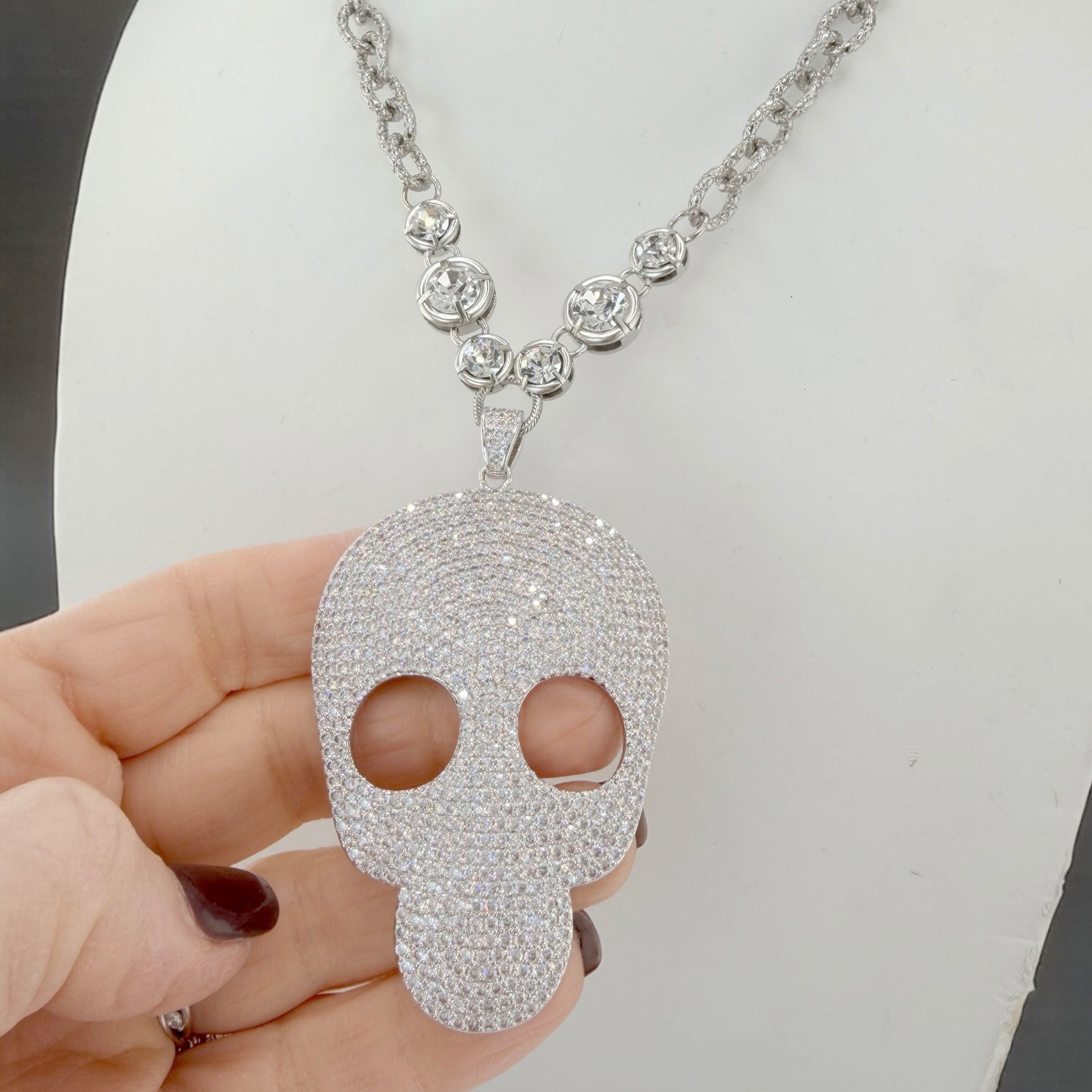 miranda pave skull statement necklace crystal pave skull pendant close detail oversized skull charm statement jewelry
