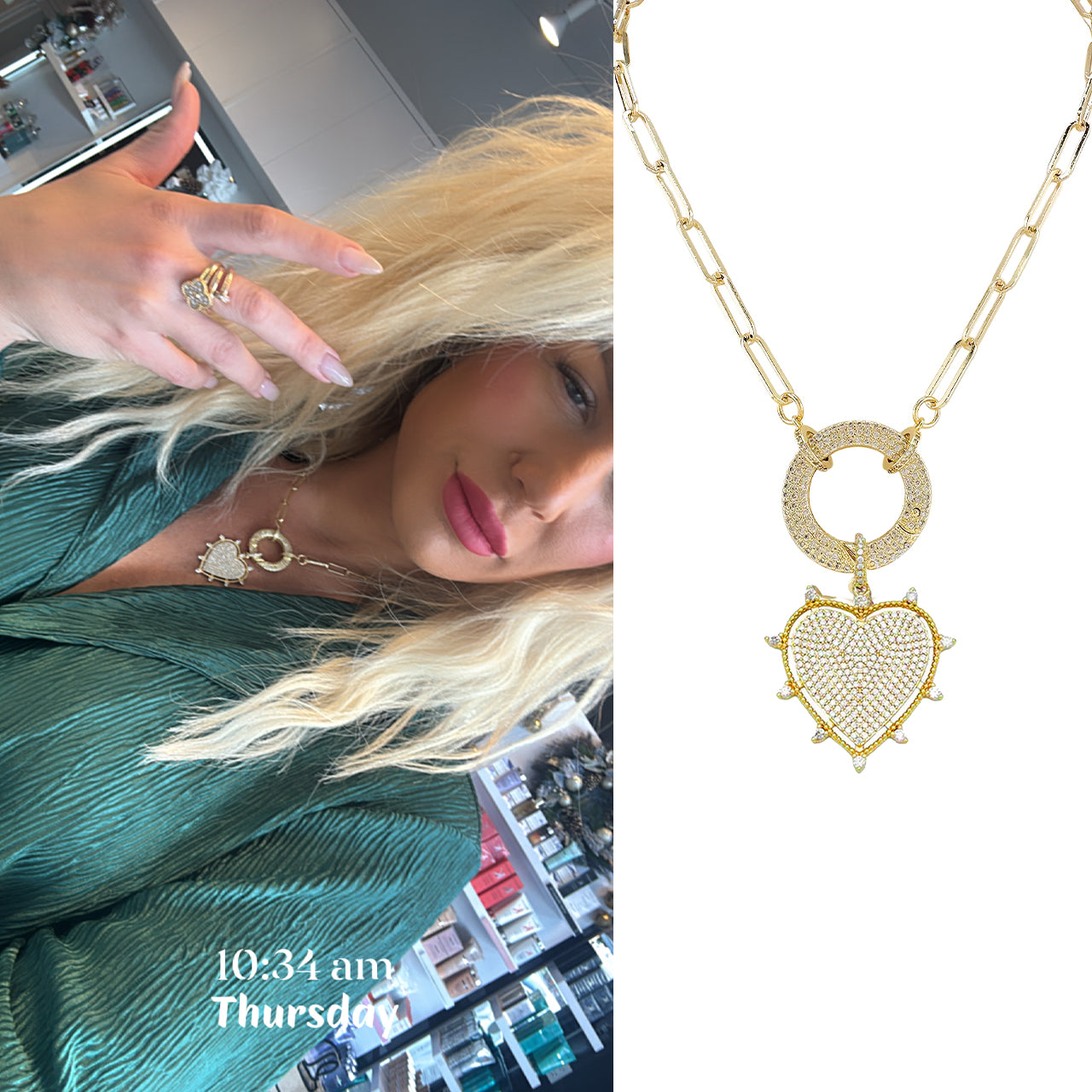 model wearing gold stellar heart necklace with spike details