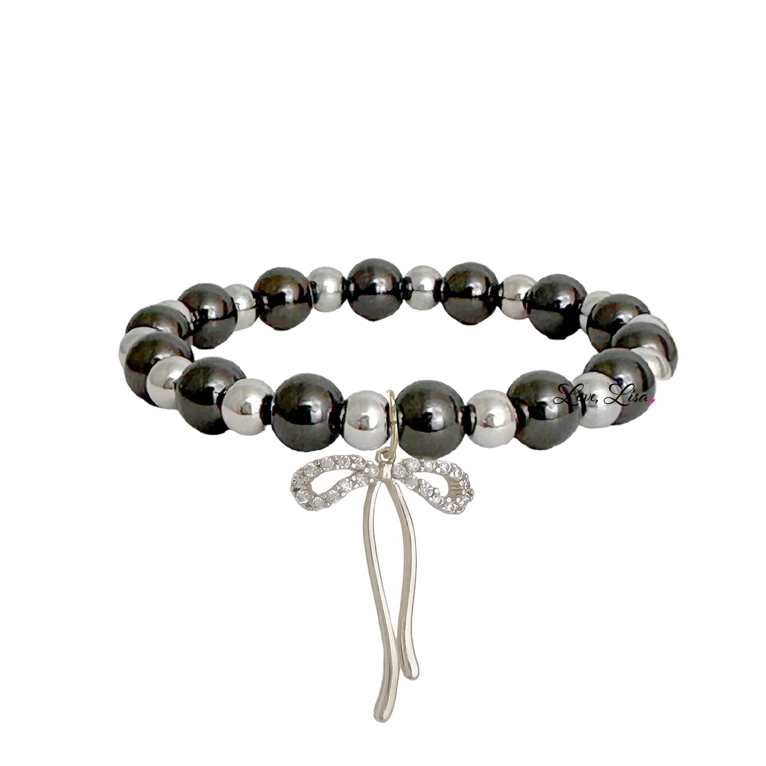 gunmetal and silver beaded bracelet with bow charm bold neutral jewelry for stacking
